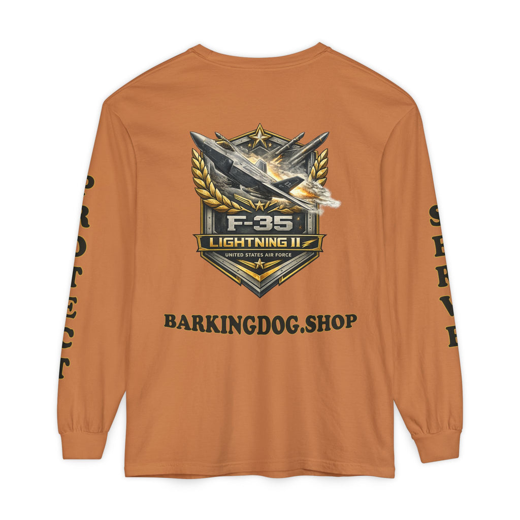 F-35 Lightning II Long Sleeve Tee — Barking Dog 'Wag On' Military Air Force Tribute