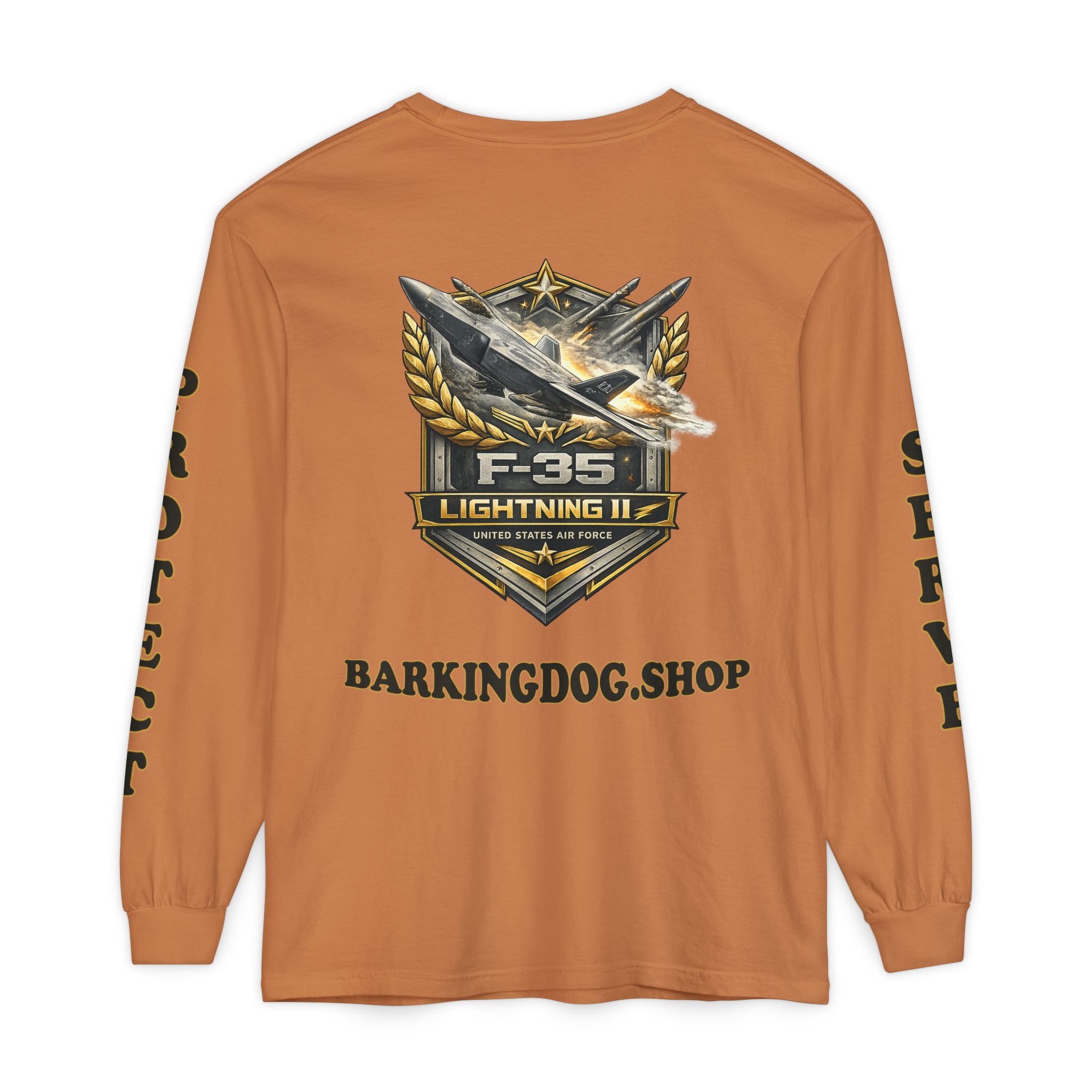F-35 Lightning II Long Sleeve Tee — Barking Dog 'Wag On' Military Air Force Tribute