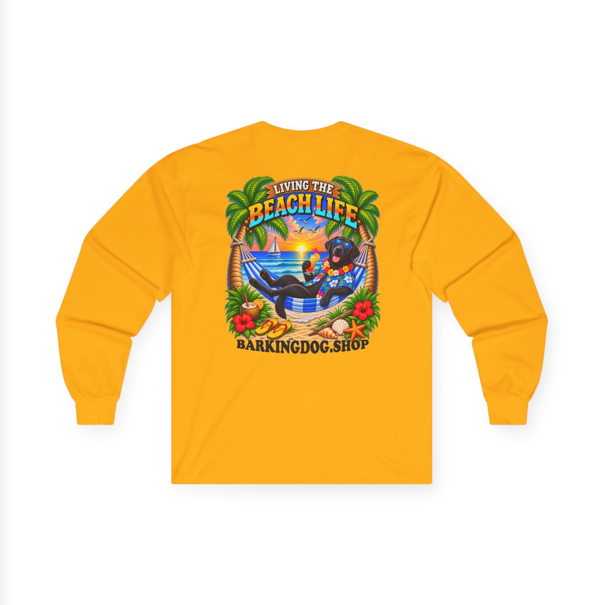 Black Labrador Beach Life Canine Long Sleeve T Shirt Beach Collection Hammock Tropical Dog Graphic Tee Wag On BarkingDog Shop