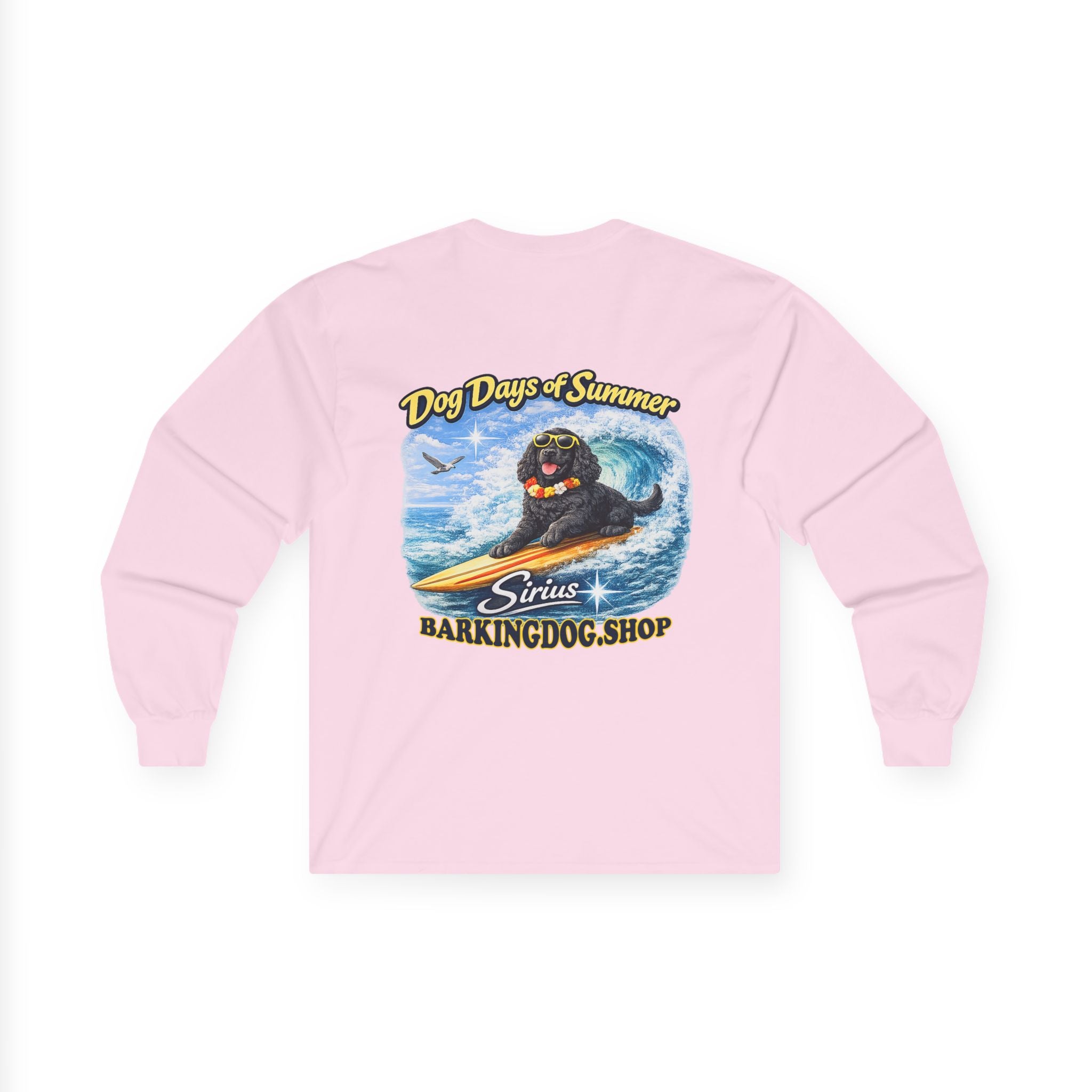 Cocker Spaniel Dog Days of Summer Surfboard Long Sleeve T Shirt Beach Collection Surfing Dog Graphic Tee Wag On BarkingDog Shop