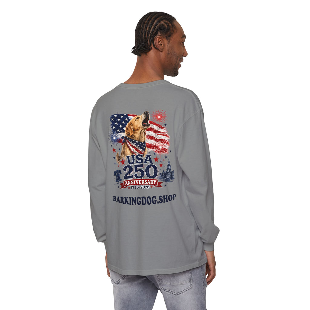 USA 250th Anniversary Long Sleeve T-Shirt — Patriotic Dog Flag Design