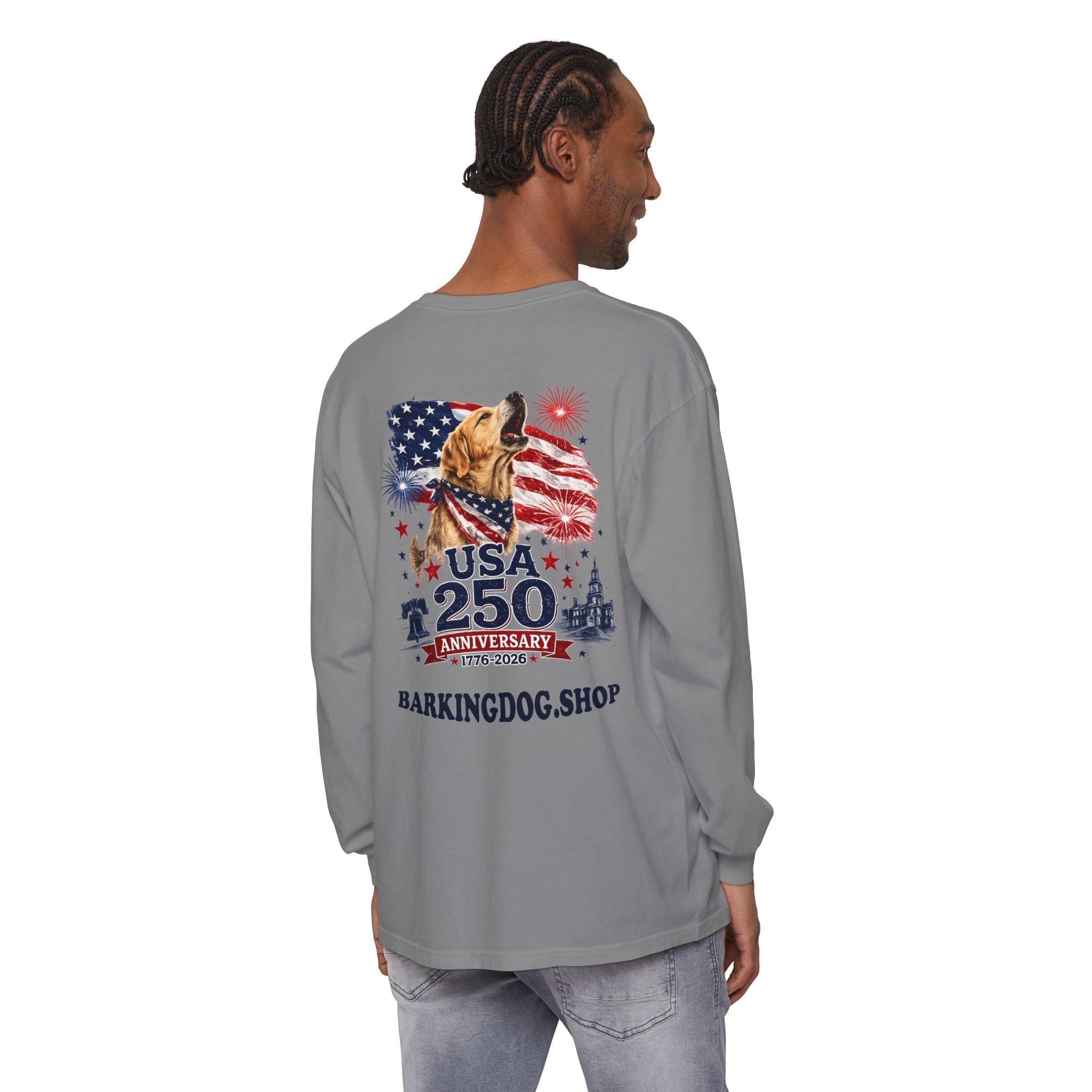 USA 250th Anniversary Long Sleeve T-Shirt — Patriotic Dog Flag Design