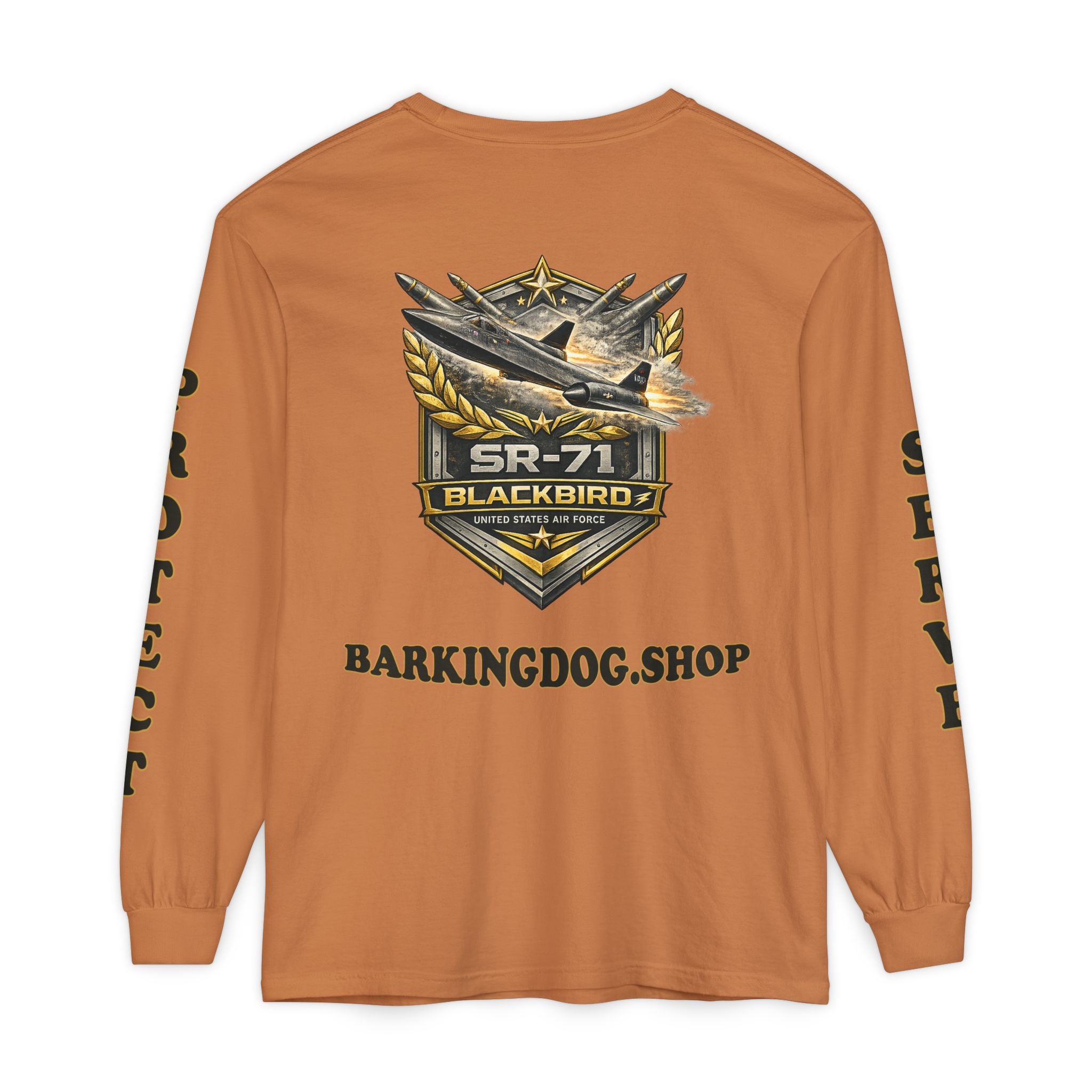 SR-71 Blackbird Long Sleeve Tee — Barking Dog 'Wag On' Military Air Force Tribute