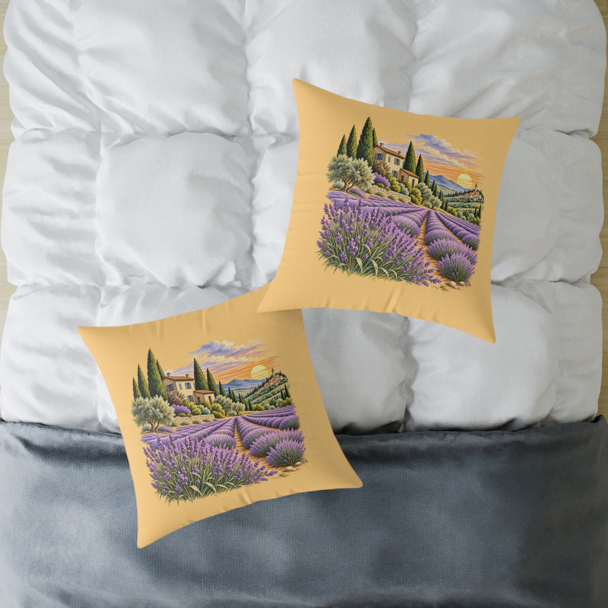 Lavender Fields Woodcut Relief Throw Pillow Warm Beige Floral Landscape Home Decor BarkingDog Shop