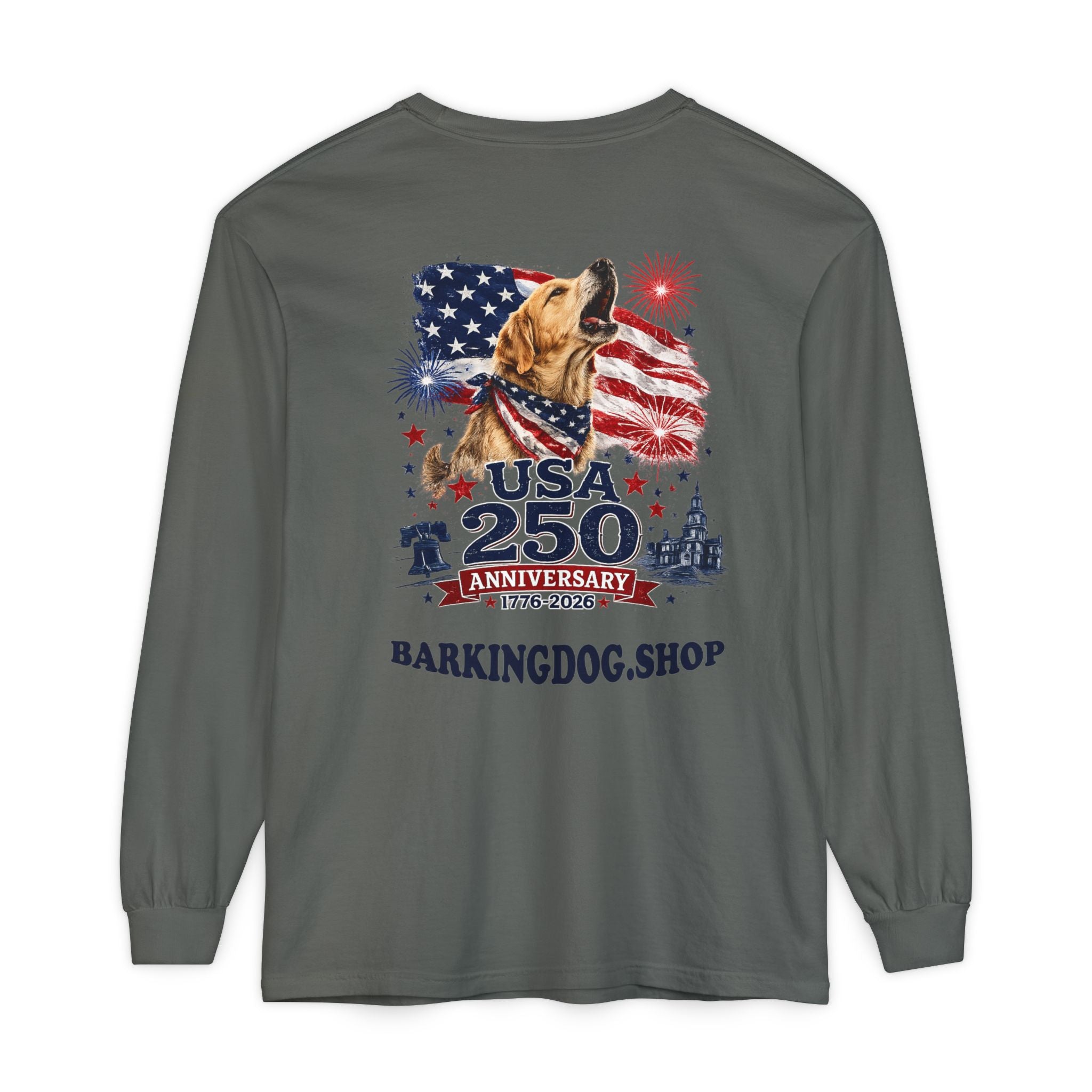 USA 250th Anniversary Long Sleeve T-Shirt — Patriotic Dog Flag Design