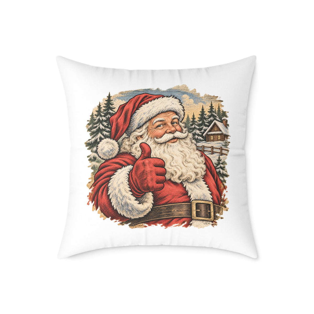 Santa Thumbs Up Woodcut Relief Throw Cushion White  Holiday Decoration BarkingDog Shop