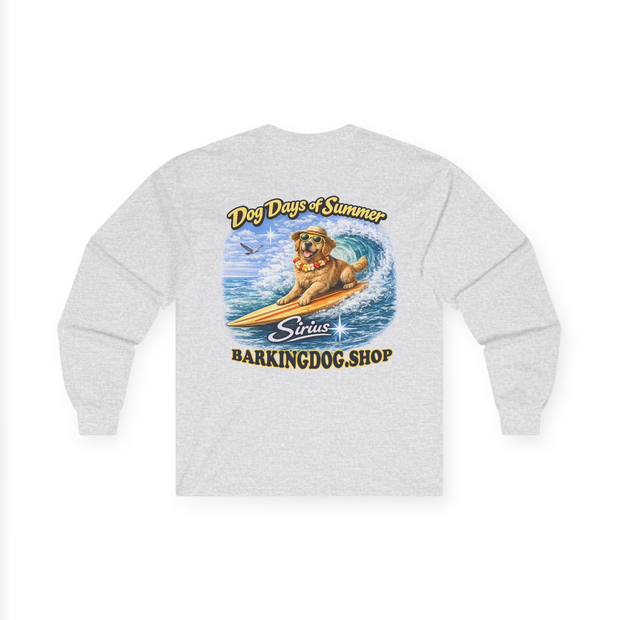 Golden Retriever Dog Days of Summer Surfboard Long Sleeve T Shirt Beach Collection Surfing Dog Graphic Tee Wag On BarkingDog Shop