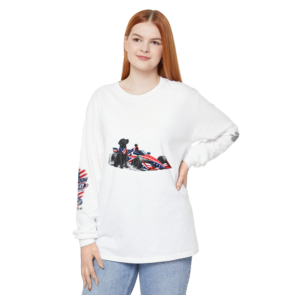 American Freedom 250 Long Sleeve T Shirt USA Country 250th Anniversary Patriotic Racing Dog Tee Wag On BarkingDog Shop