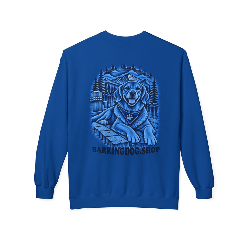 Golden Retriever Mountain Lake Wildlife Woodcut Crewneck Sweatshirt Blue Outdoor Dog Lover Apparel BarkingDog Shop