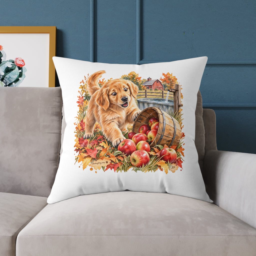 Golden Retriever Puppy Spilled Apples Throw Pillow White Home Decor Collection Farmhouse Dog Decor BarkingDog Shop
