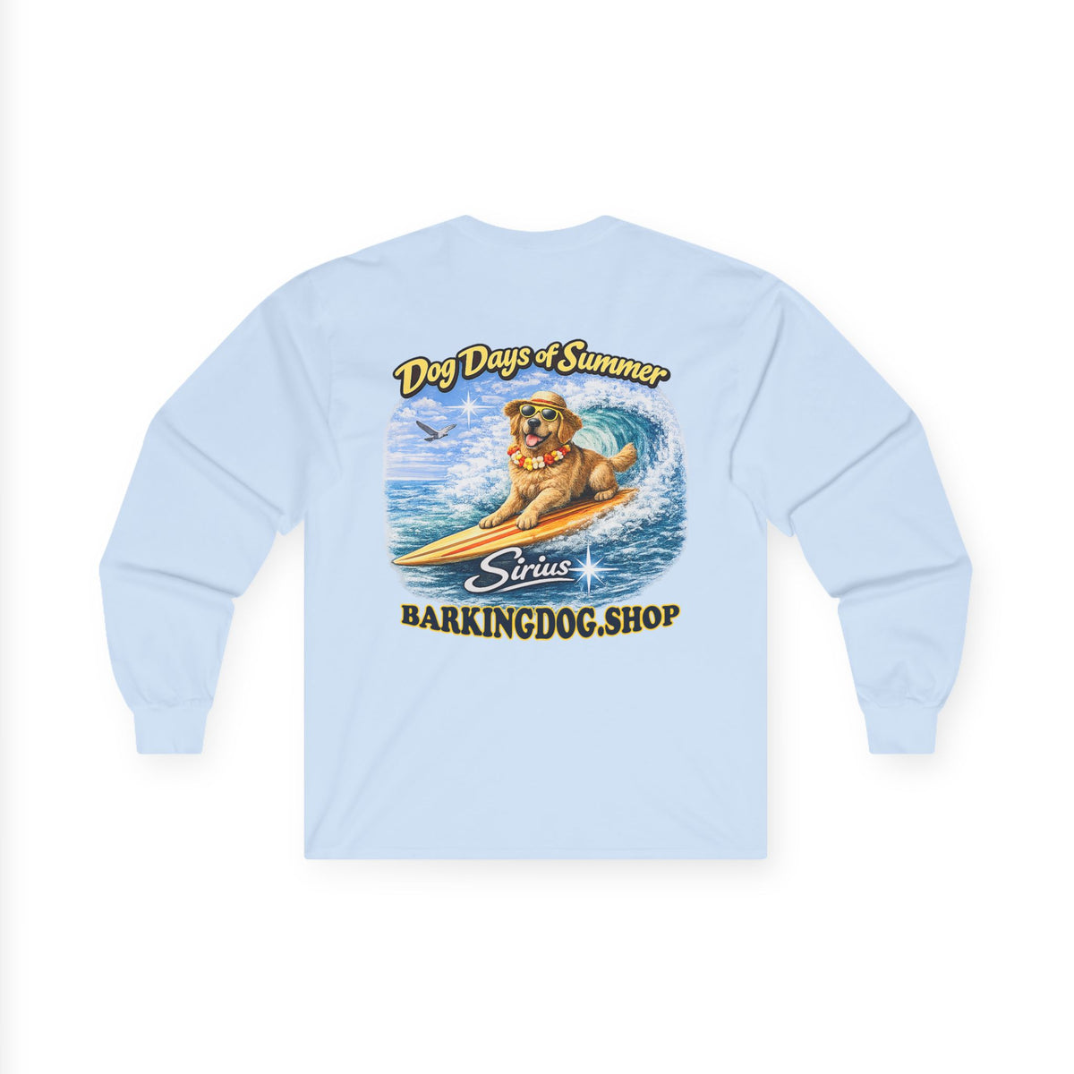 Golden Retriever Dog Days of Summer Surfboard Long Sleeve T Shirt Beach Collection Surfing Dog Graphic Tee Wag On BarkingDog Shop