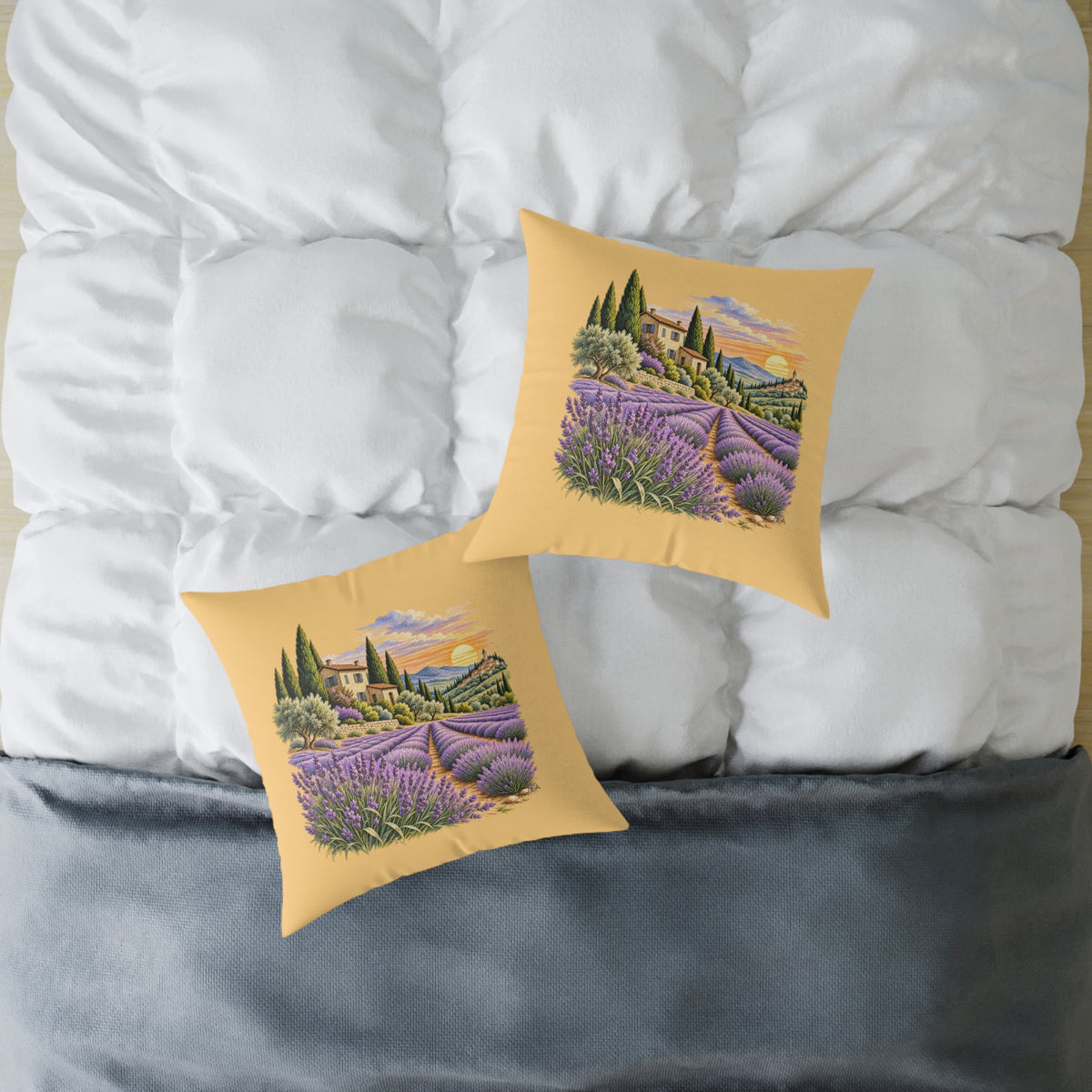 Lavender Fields Woodcut Relief Throw Pillow Warm Beige Floral Landscape Home Decor BarkingDog Shop