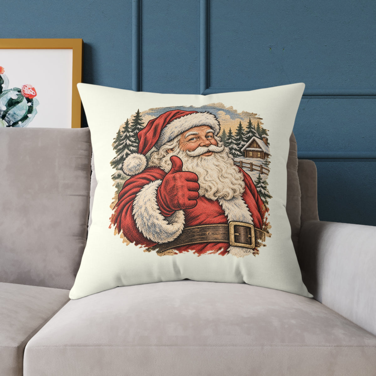 Santa Thumbs Up Woodcut Relief Throw Cushion Ivory Holiday Decoration BarkingDog Shop