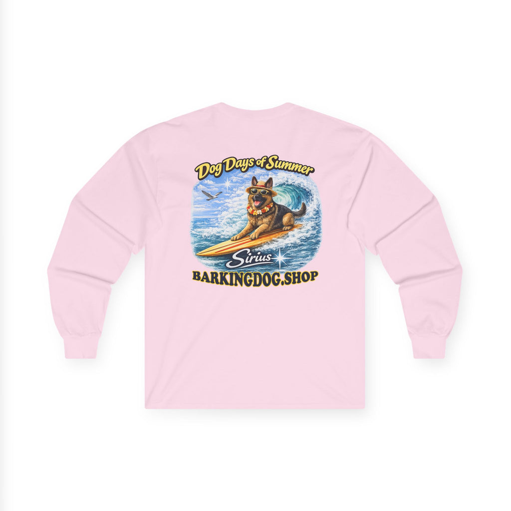 German Shepherd Dog Days of Summer Surfboard Long Sleeve T Shirt Beach Collection Surfing Dog Graphic Tee Wag On BarkingDog Shop