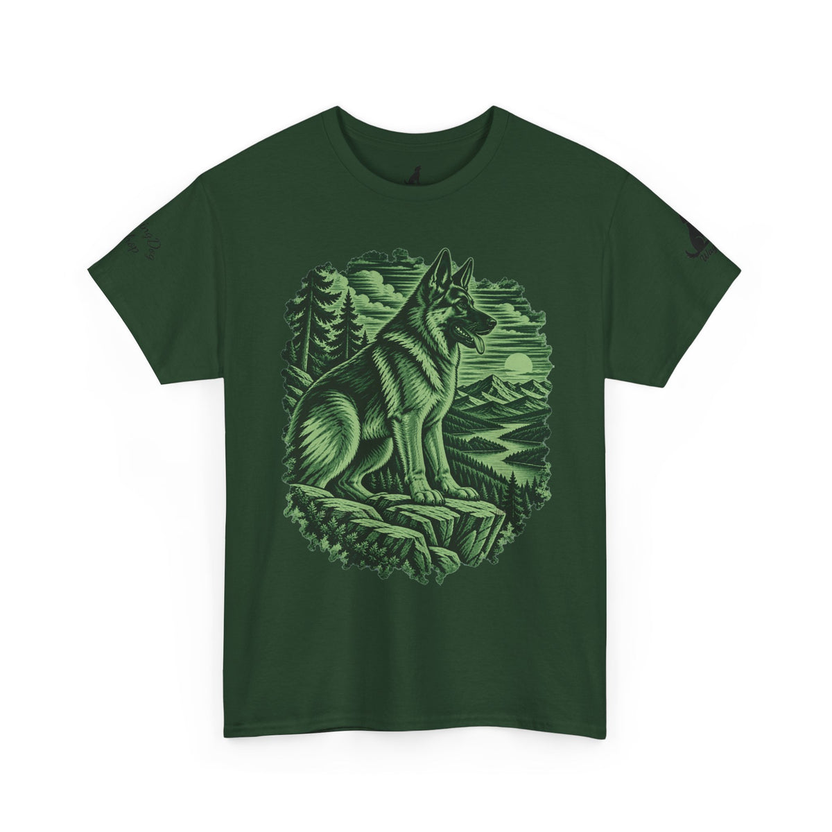 German Shepherd Overlook Wildlife Woodcut Tee Green Outdoor Canine Graphic T-Shirt BarkingDog Shop