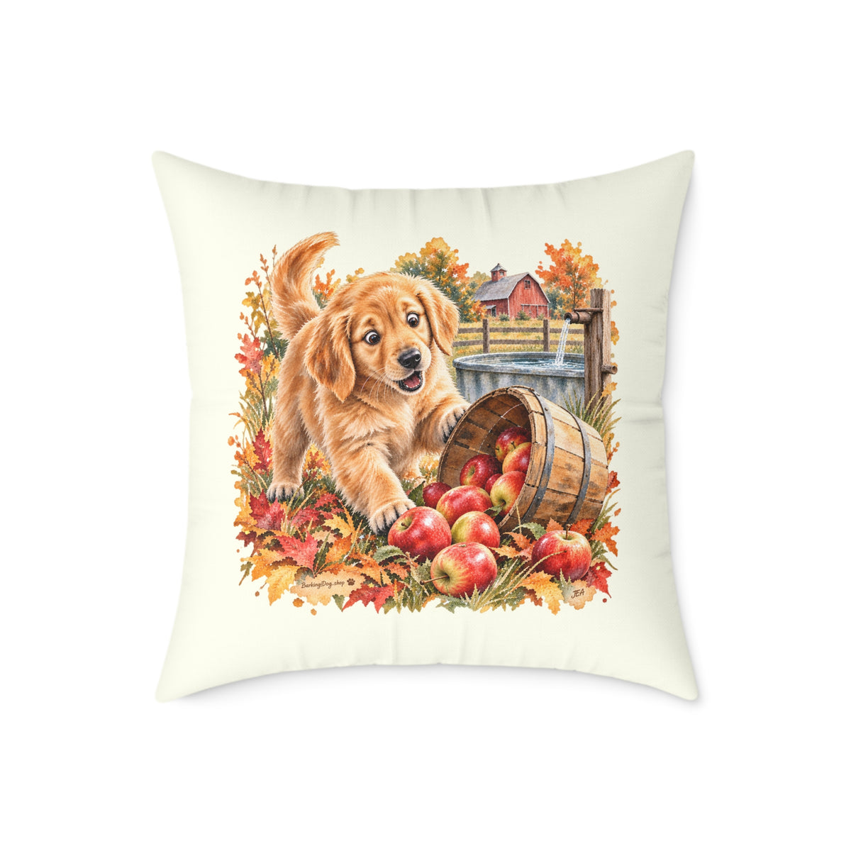 Golden Retriever Puppy Spilled Apples Throw Pillow Ivory Home Decor Collection Farmhouse Dog Decor BarkingDog Shop