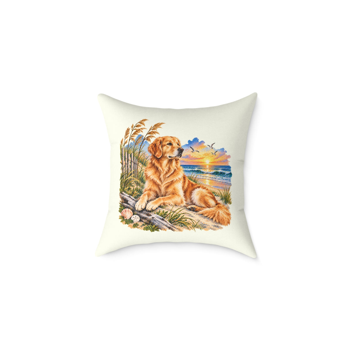 Golden Retriever Coastal North Carolina Sunrise Throw Pillow Ivory Home Decor Collection Beach Dog Decor BarkingDog Shop