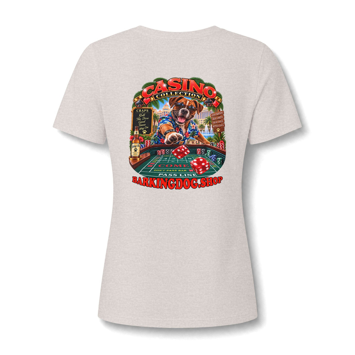 Boxer Craps Womens V Neck T Shirt Casino Collection Funny Casino Dog Graphic Tee Wag On BarkingDog Shop