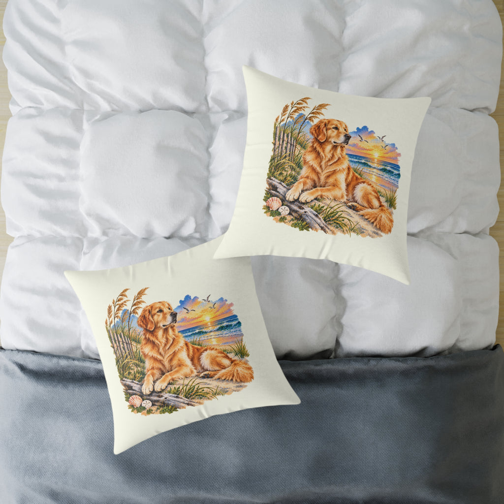 Golden Retriever Coastal North Carolina Sunrise Throw Pillow Ivory Home Decor Collection Beach Dog Decor BarkingDog Shop