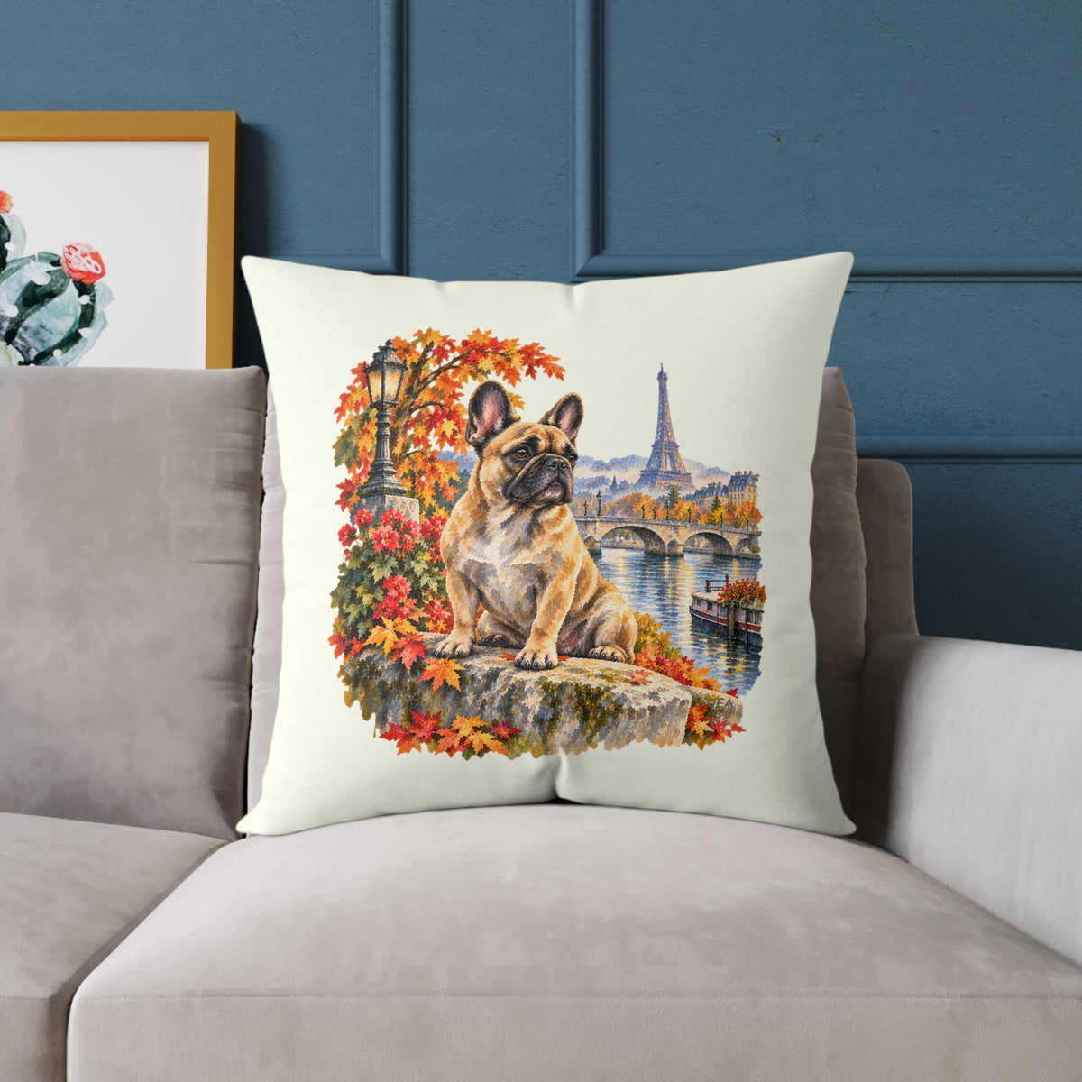 French Bulldog Paris in Autumn Throw Pillow Ivory Home Decor Collection Eiffel Tower Scenic Dog Decor BarkingDog Shop