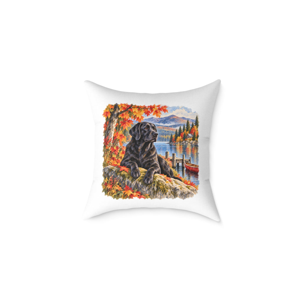 Black Labrador Maine Lake Autumn Throw Pillow White Home Decor Collection Fall Mountain Dog Decor BarkingDog Shop