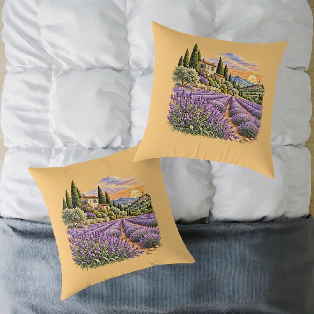 Lavender Fields Woodcut Relief Throw Pillow Warm Beige Floral Landscape Home Decor BarkingDog Shop