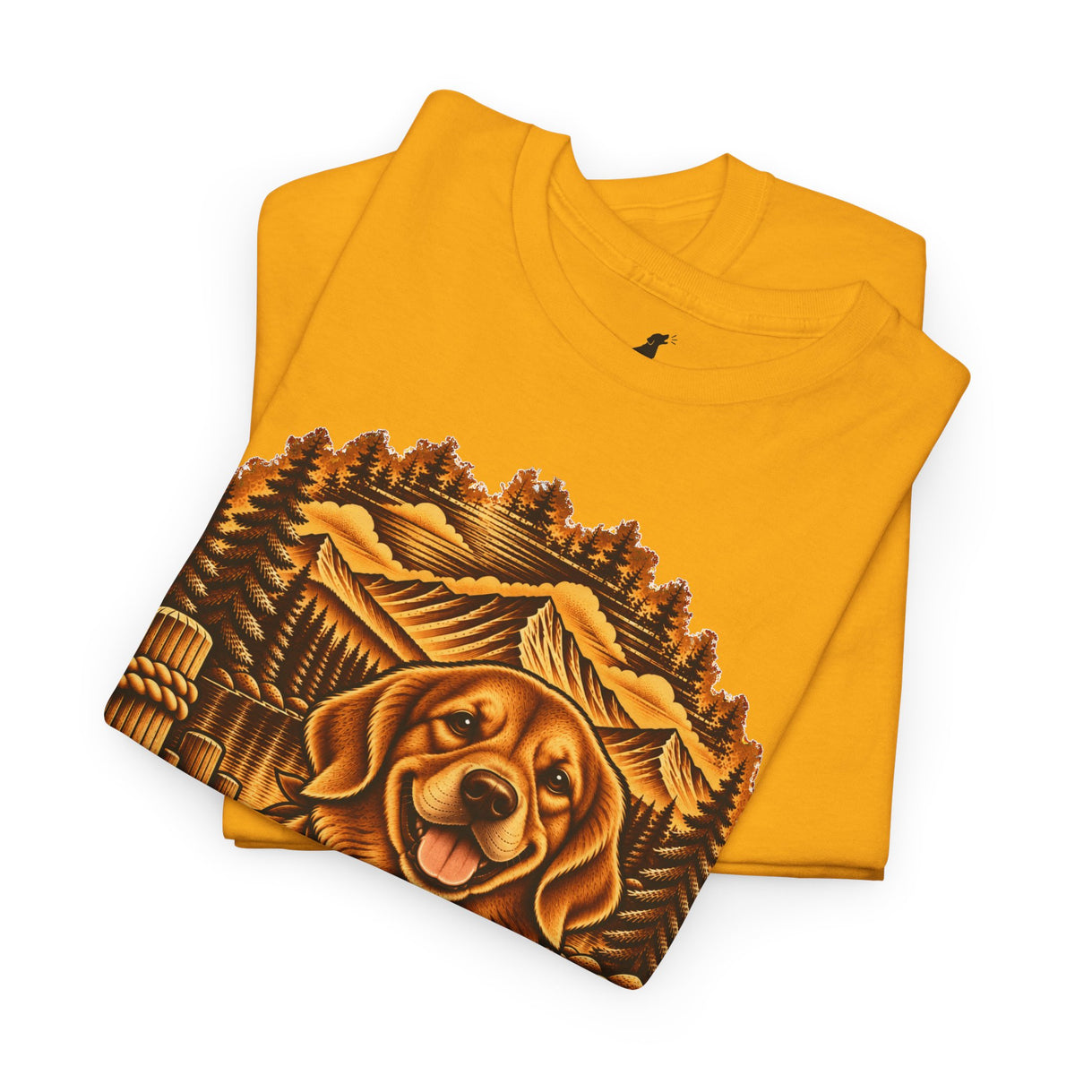 Golden Retriever Mountain Lake Wildlife Woodcut Tee Gold Outdoor Canine Graphic T-Shirt BarkingDog Shop