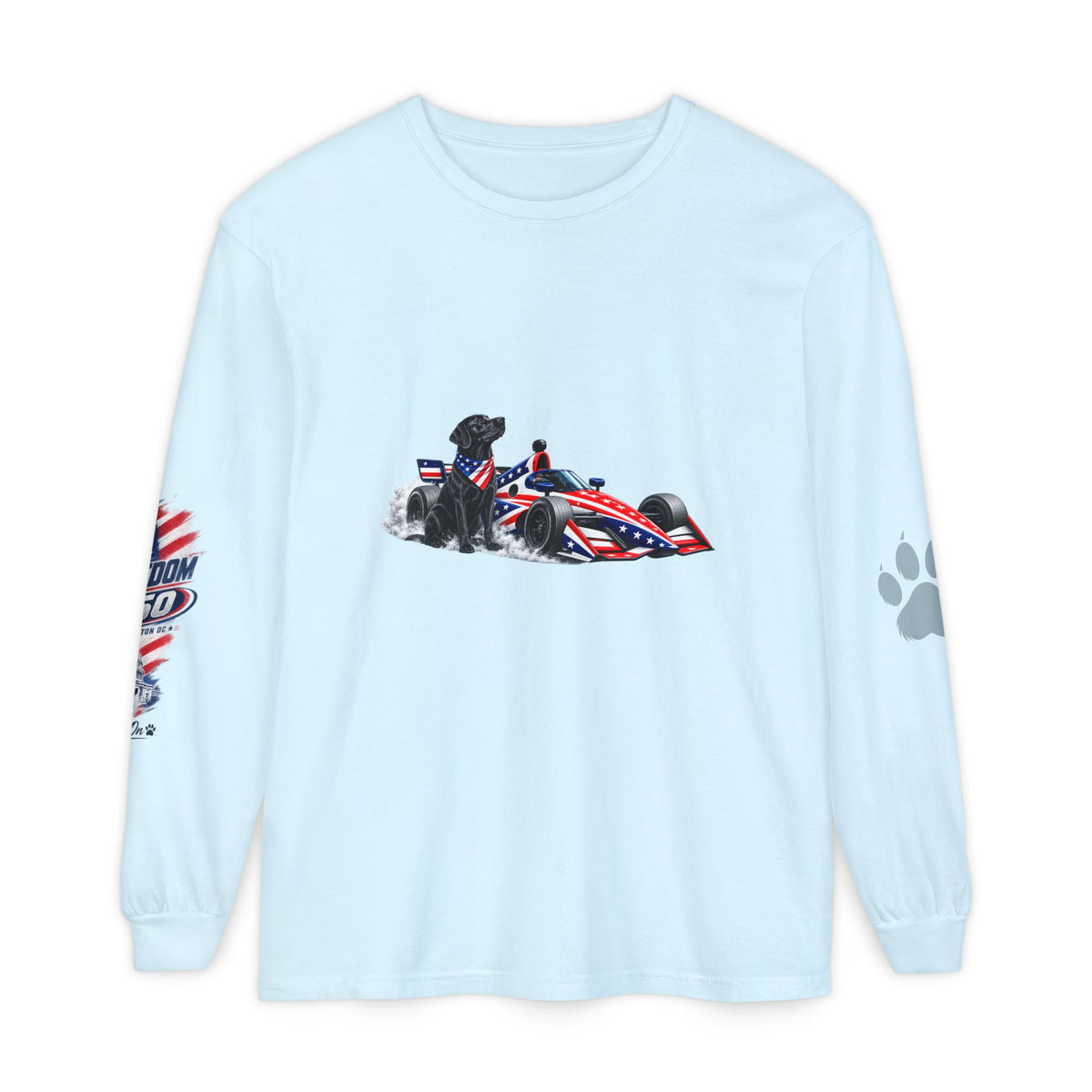 American Freedom 250 Long Sleeve T Shirt USA Country 250th Anniversary Patriotic Racing Dog Tee Wag On BarkingDog Shop