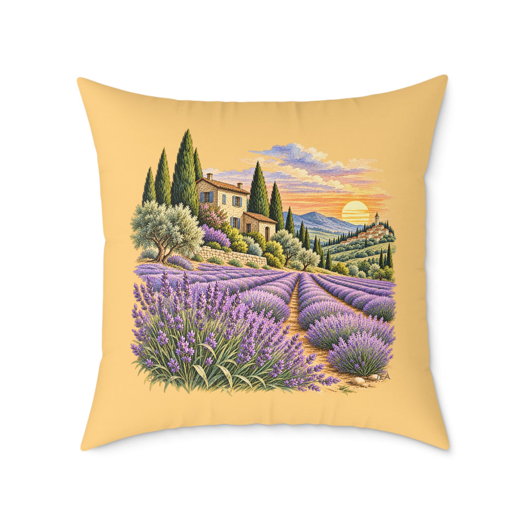 Lavender Fields Woodcut Relief Throw Pillow Warm Beige Floral Landscape Home Decor BarkingDog Shop