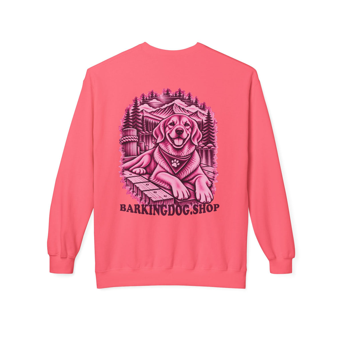 Golden Retriever Mountain Lake Wildlife Woodcut Crewneck Sweatshirt PINK Outdoor Dog Lover Apparel BarkingDog Shop