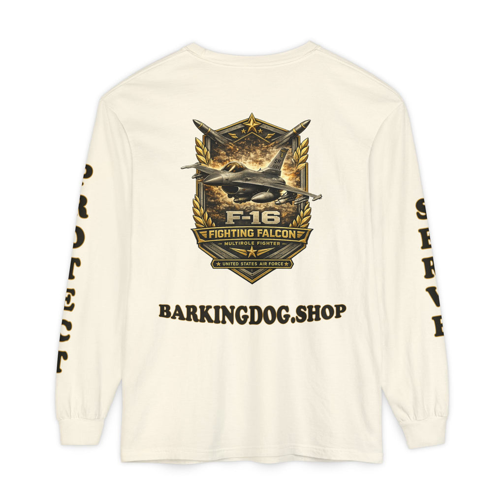 F-16 Fighting Falcon Long Sleeve Tee — Barking Dog 'Wag On' Military Air Force Tribute