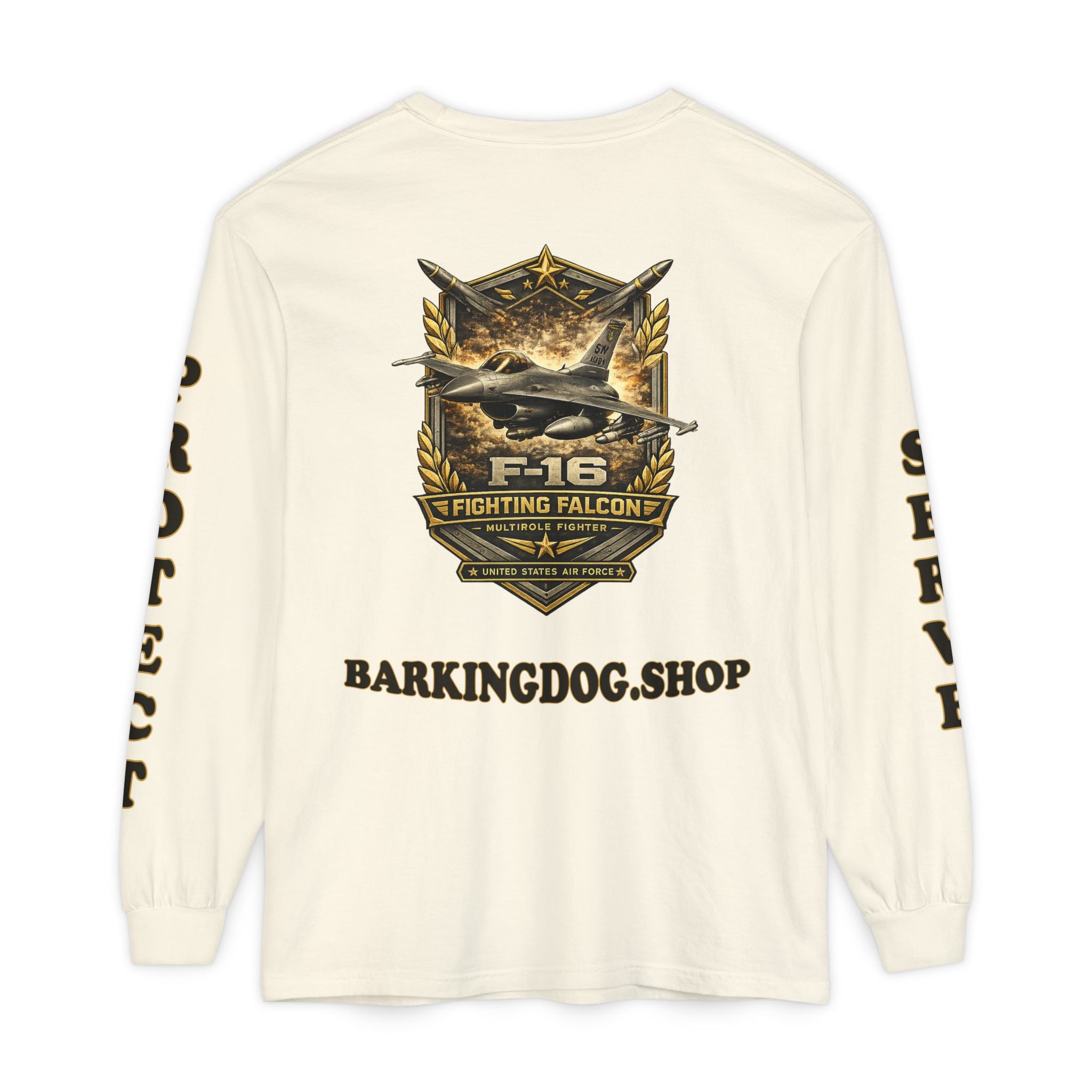 F-16 Fighting Falcon Long Sleeve Tee — Barking Dog 'Wag On' Military Air Force Tribute