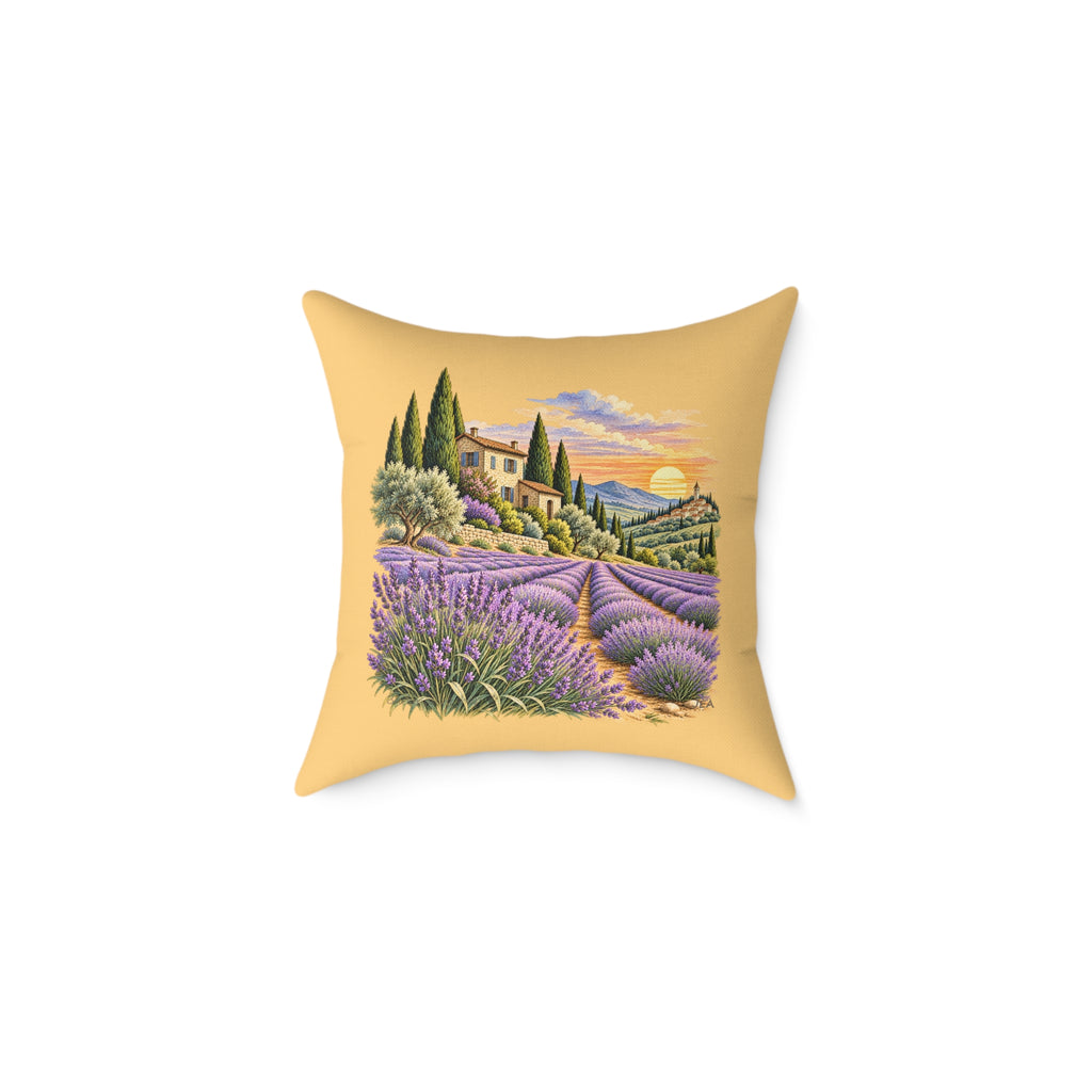 Lavender Fields Woodcut Relief Throw Pillow Warm Beige Floral Landscape Home Decor BarkingDog Shop