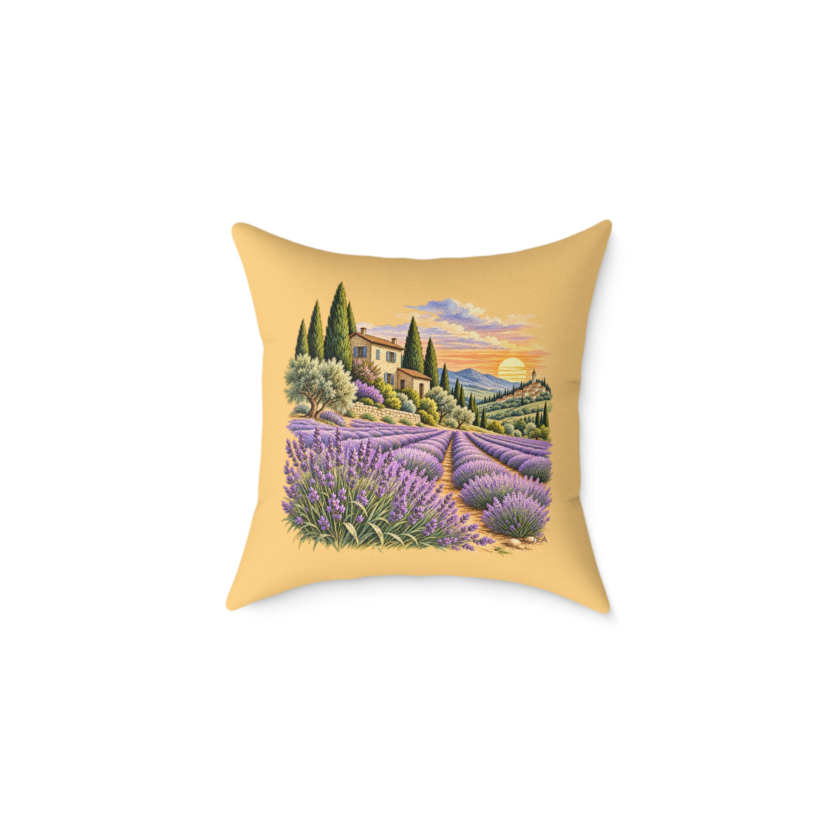 Lavender Fields Woodcut Relief Throw Pillow Warm Beige Floral Landscape Home Decor BarkingDog Shop