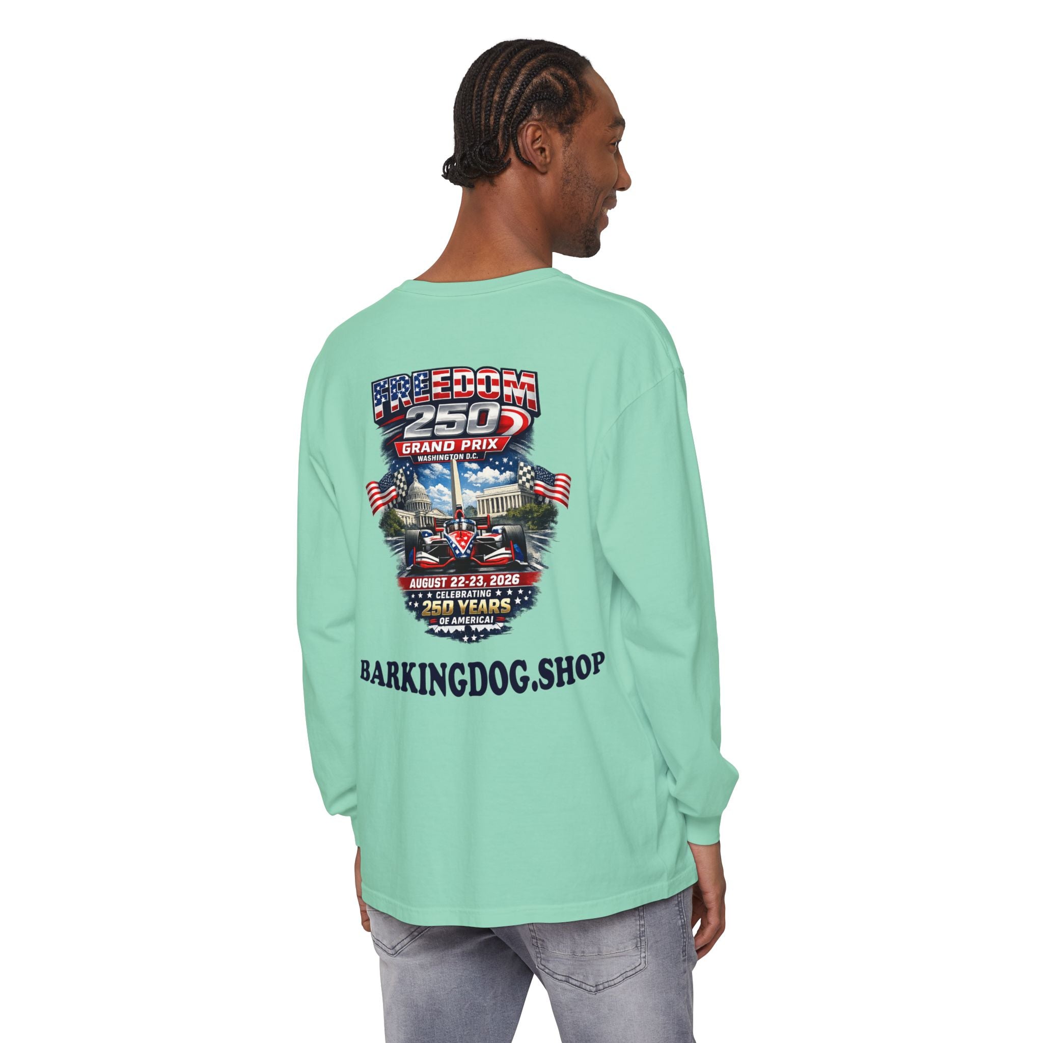 Freedom 250 Grand Prix Long Sleeve T-Shirt — "Wag On" Dog Rally Race Tee