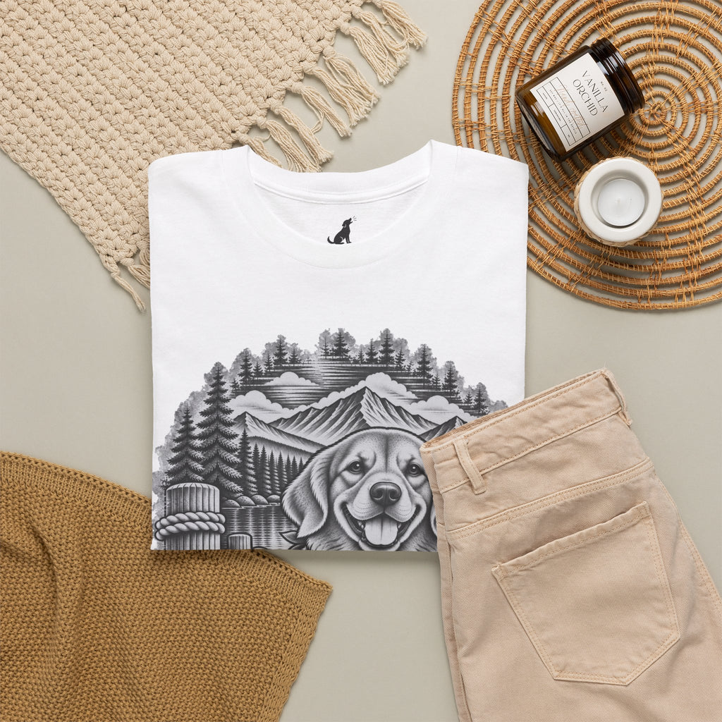 Golden Retriever Mountain Lake Wildlife Woodcut Tee White Outdoor Canine Graphic T-Shirt BarkingDog Shop