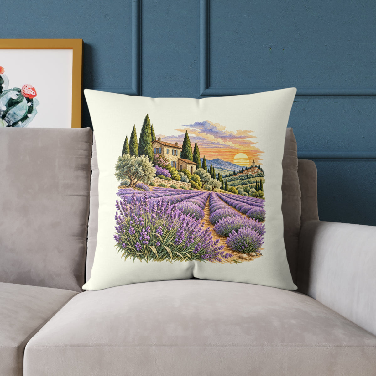 Lavender Fields Woodcut Relief Throw Pillow Ivory Floral Landscape Home Decor BarkingDog Shop