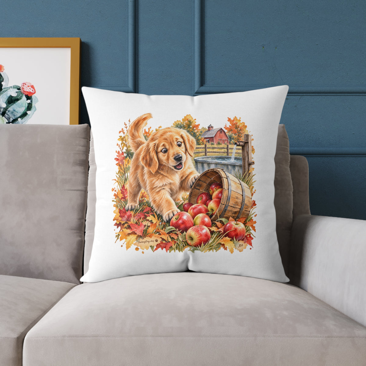 Golden Retriever Puppy Spilled Apples Throw Pillow White Home Decor Collection Farmhouse Dog Decor BarkingDog Shop