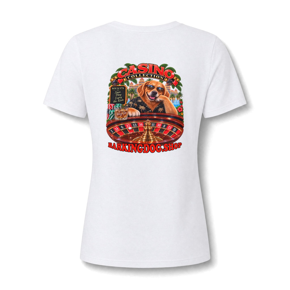 Golden Retriever Roulette Womens V Neck T Shirt Casino Collection Funny Casino Dog Graphic Tee Wag On BarkingDog Shop
