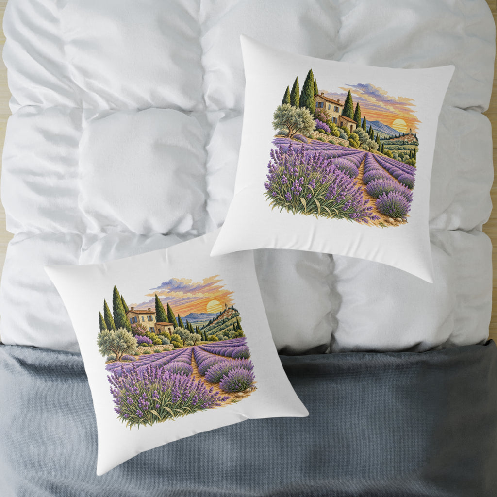 Lavender Fields Woodcut Relief Throw Pillow White Floral Landscape Home Decor BarkingDog Shop