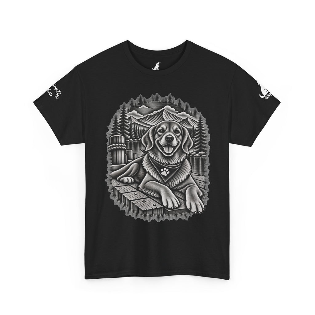 Golden Retriever Mountain Lake Wildlife Woodcut Tee Black Outdoor Canine Graphic T-Shirt BarkingDog Shop