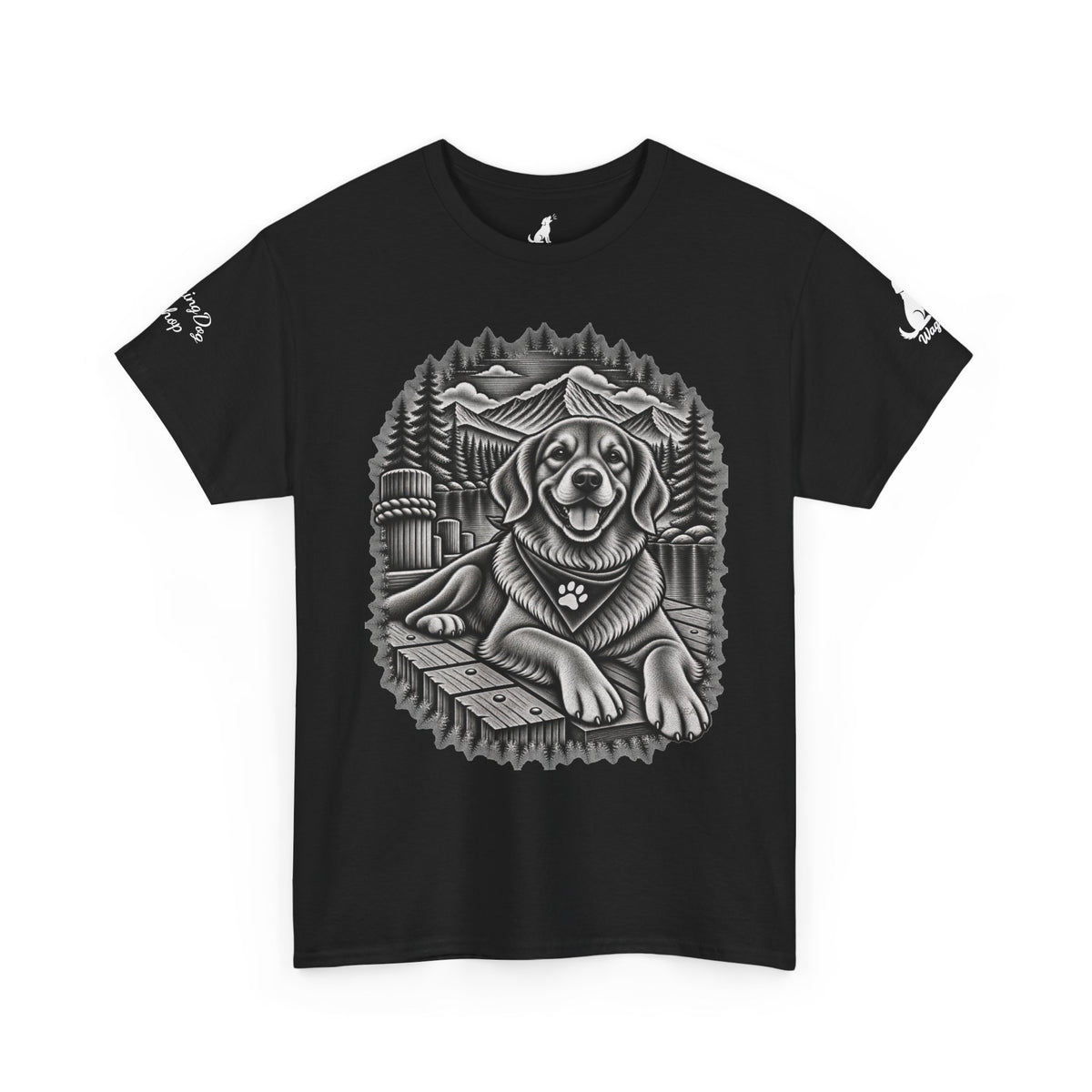 Golden Retriever Mountain Lake Wildlife Woodcut Tee Black Outdoor Canine Graphic T-Shirt BarkingDog Shop