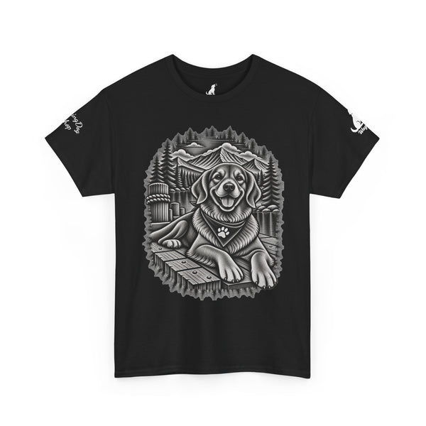 Golden Retriever Mountain Lake Wildlife Woodcut Tee Black Outdoor Canine Graphic T-Shirt BarkingDog Shop