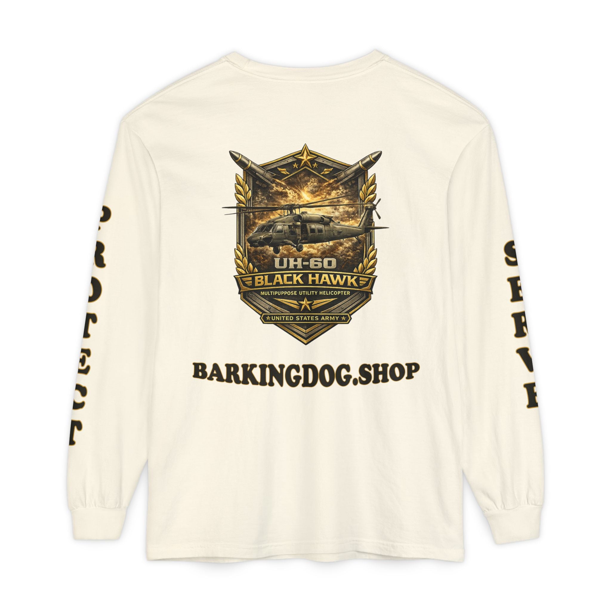 UH-60 Black Hawk Helicopter Long Sleeve Tee — Barking Dog 'Wag On' Military Army Tribute