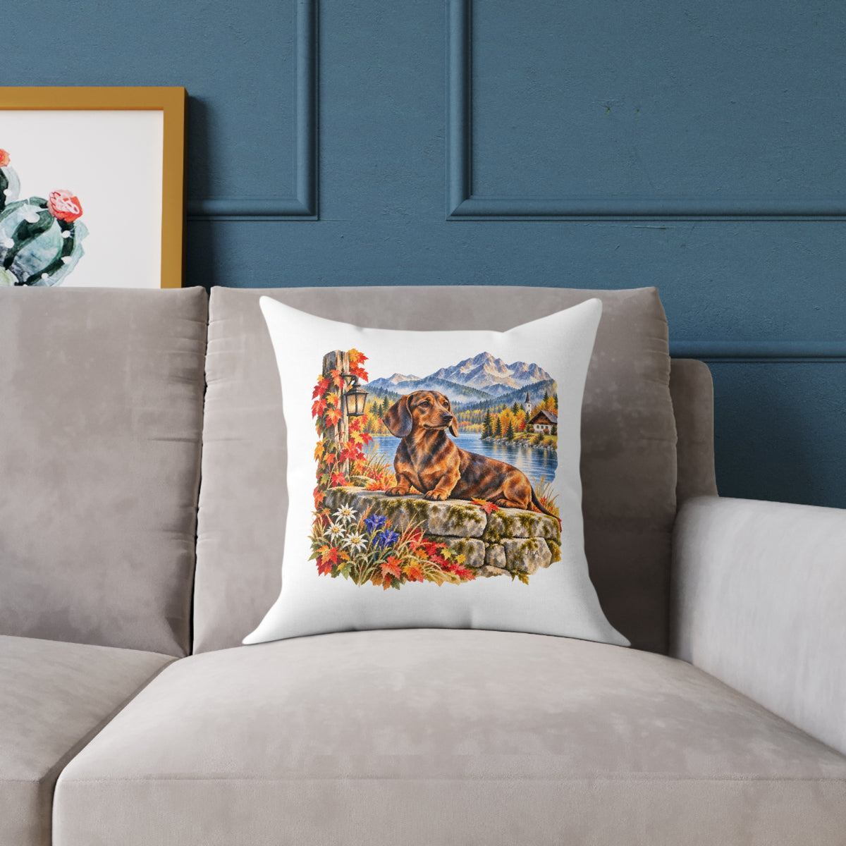 Dachshund Bavarian Alps Autumn Throw Pillow White Home Decor Collection Alpine Lake Dog Decor BarkingDog Shop