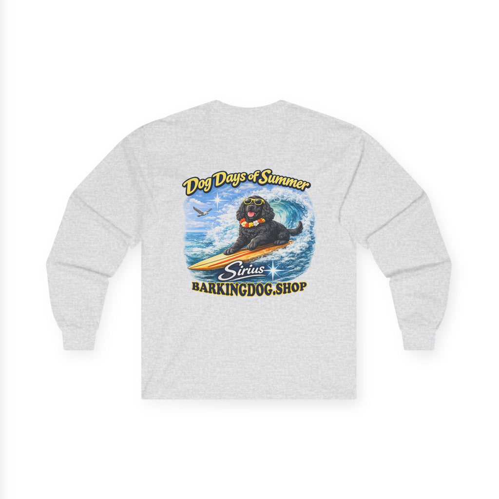 Cocker Spaniel Dog Days of Summer Surfboard Long Sleeve T Shirt Beach Collection Surfing Dog Graphic Tee Wag On BarkingDog Shop