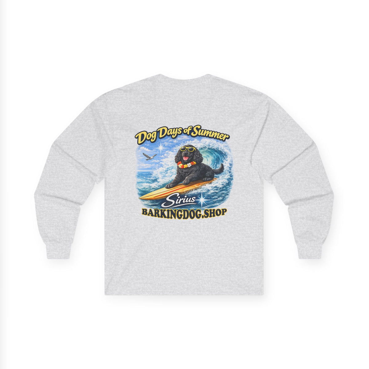 Cocker Spaniel Dog Days of Summer Surfboard Long Sleeve T Shirt Beach Collection Surfing Dog Graphic Tee Wag On BarkingDog Shop