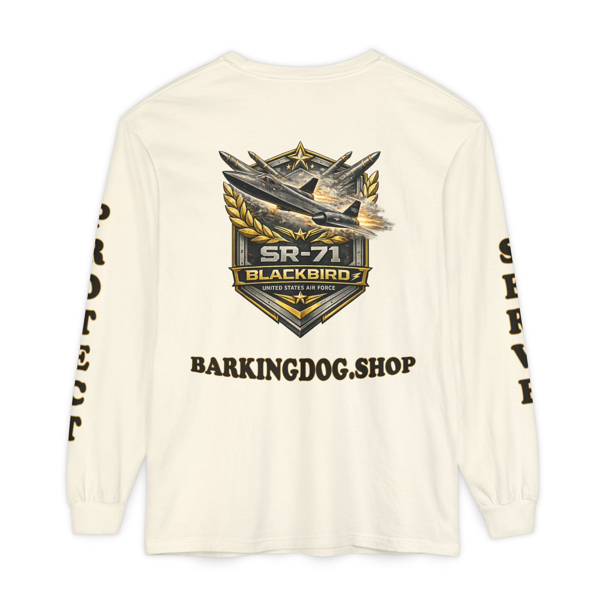 SR-71 Blackbird Long Sleeve Tee — Barking Dog 'Wag On' Military Air Force Tribute