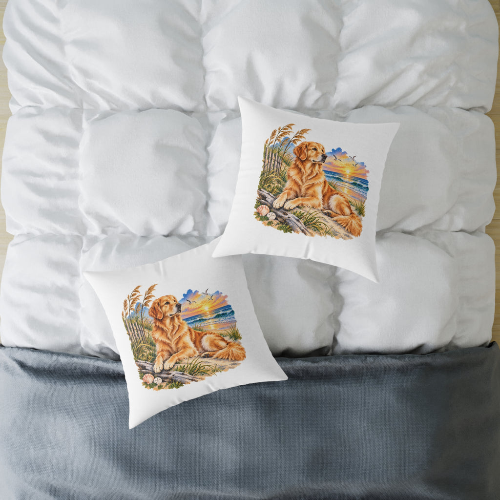 Golden Retriever Coastal North Carolina Sunrise Throw Pillow White Home Decor Collection Beach Dog Decor BarkingDog Shop