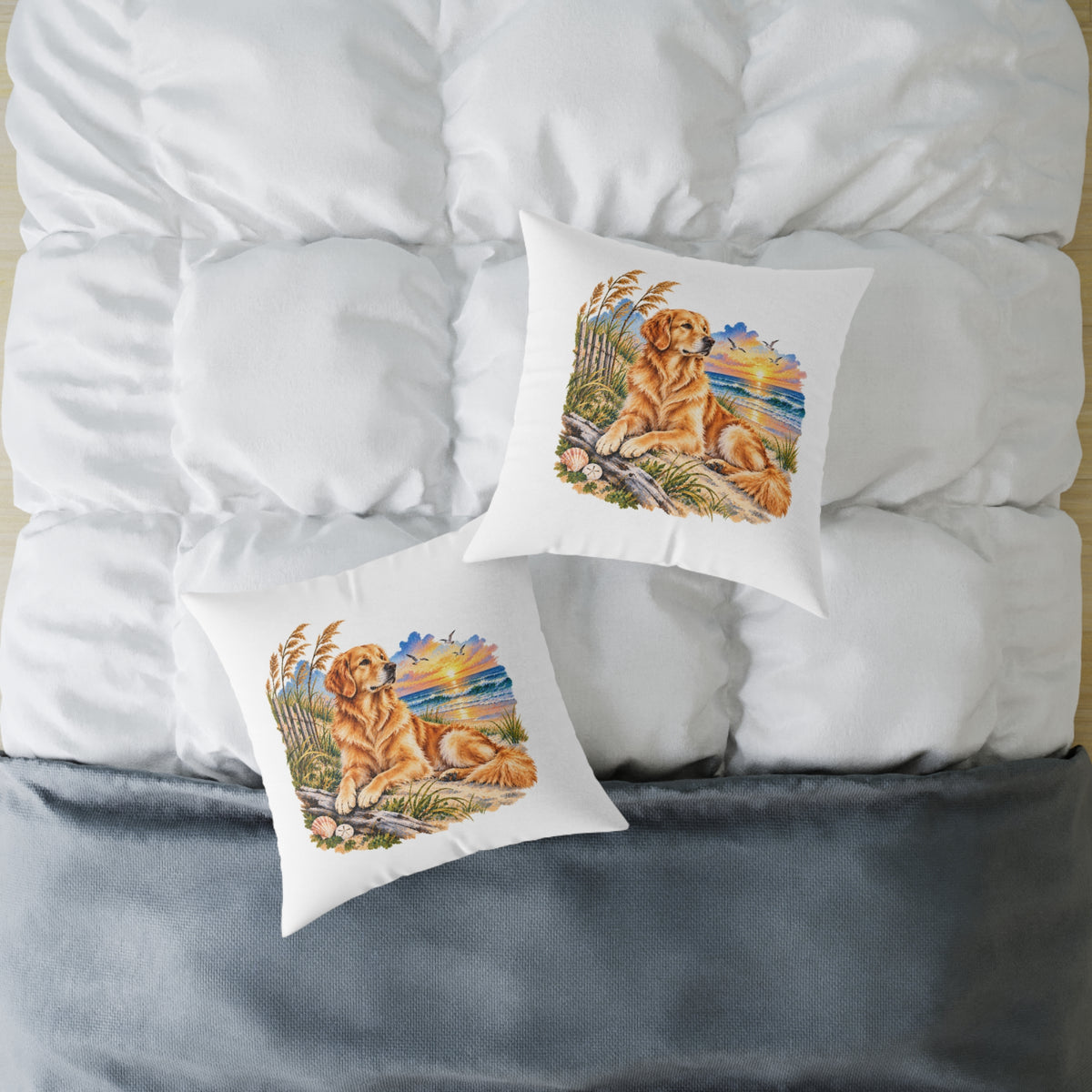 Golden Retriever Coastal North Carolina Sunrise Throw Pillow White Home Decor Collection Beach Dog Decor BarkingDog Shop